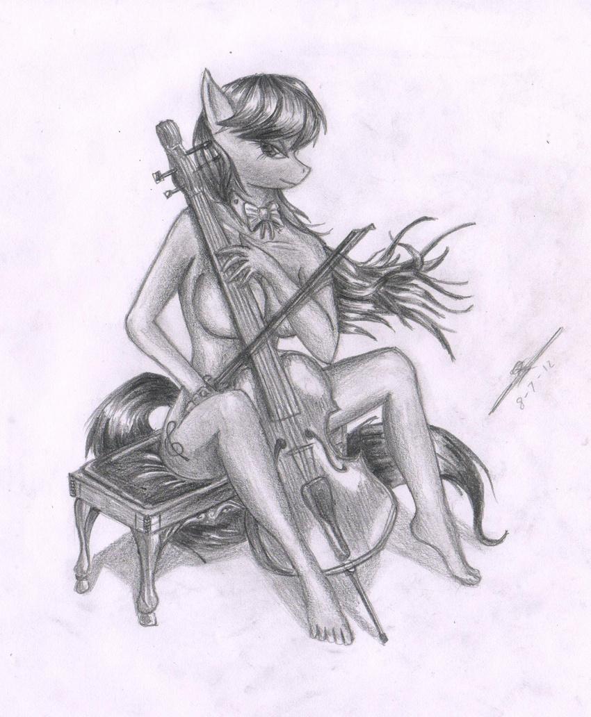 anthro anthrofied bow_tie breasts cello cutie_mark equine female friendship_is_magic grey_scale greyscale horse looking_at_viewer mammal metalfoxxx monochrome musical_instrument my_little_pony nude octavia_(mlp) pony sitting solo traditional_media