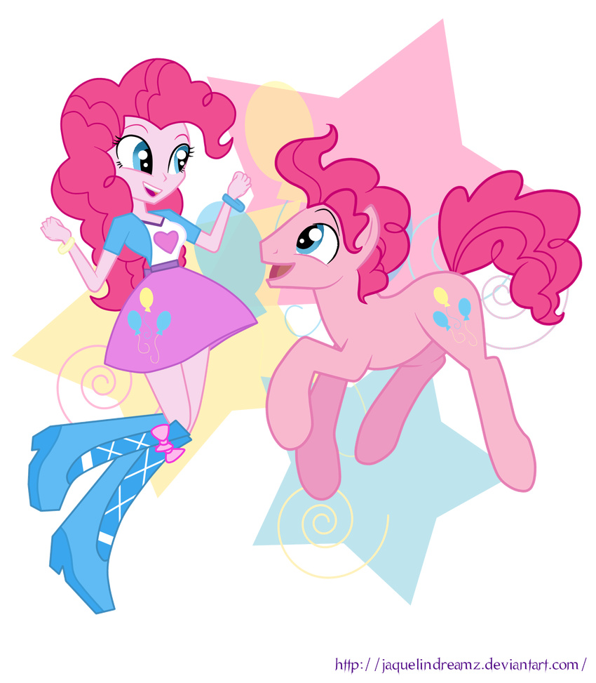 blue_eyes boots bow bracelet clothed clothing crossgender cutie_mark duo english_text equestria_girls equine female friendship_is_magic hair horse human jaquelindreamz jewelry male mammal my_little_pony pink_hair pinkie_pie_(eg) pinkie_pie_(mlp) pony skirt smile square_crossover text