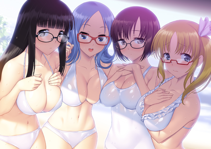 :d asymmetrical_docking atago_kinue bangs between_breasts bikini black-framed_eyewear black_eyes black_hair blonde_hair blue_eyes blue_hair blunt_bangs blurry blush breast_hold breast_press breast_suppress breasts brown_eyes brown_hair casual_one-piece_swimsuit cleavage closed_mouth collarbone day depth_of_field embarrassed eyebrows_visible_through_hair flipped_hair frilled_swimsuit frills from_side glasses hair_ribbon halterneck hand_on_own_chest hand_up hands_on_own_chest hands_together hips impossible_clothes impossible_swimsuit large_breasts leaning_forward lineup long_hair looking_at_viewer multiple_girls navel nose_pads one-piece_swimsuit open_mouth outdoors parted_bangs purple_ribbon raised_eyebrows rectangular_eyewear red-framed_eyewear ribbon saki sawamura_tomoki semi-rimless_eyewear senoo_kaori shade shibuya_takami short_hair side-by-side side_ponytail sideboob sidelocks skindentation smile standing suzume_inui swimsuit take_your_pick under-rim_eyewear upper_body wet wet_clothes wet_hair white_bikini white_swimsuit
