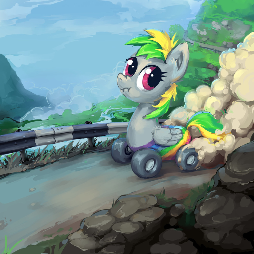 driving equine female feral fur grass grey_fur hair hi_res horse mammal multi-colored_hair my_little_pony original_character outside pegasus pony purple_eyes road short_hair sky solo two_tone_hair vapgames wheel wheely_bopper wings