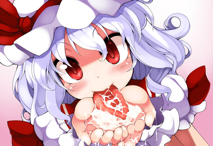 blue_hair blush bukkake commentary_request cum cum_in_mouth cum_on_body cum_on_tongue cum_on_upper_body cupping_hands facial hands_together hat irodori_(irotoridori) mob_cap open_mouth red_eyes remilia_scarlet short_hair solo tongue tongue_out touhou wristband