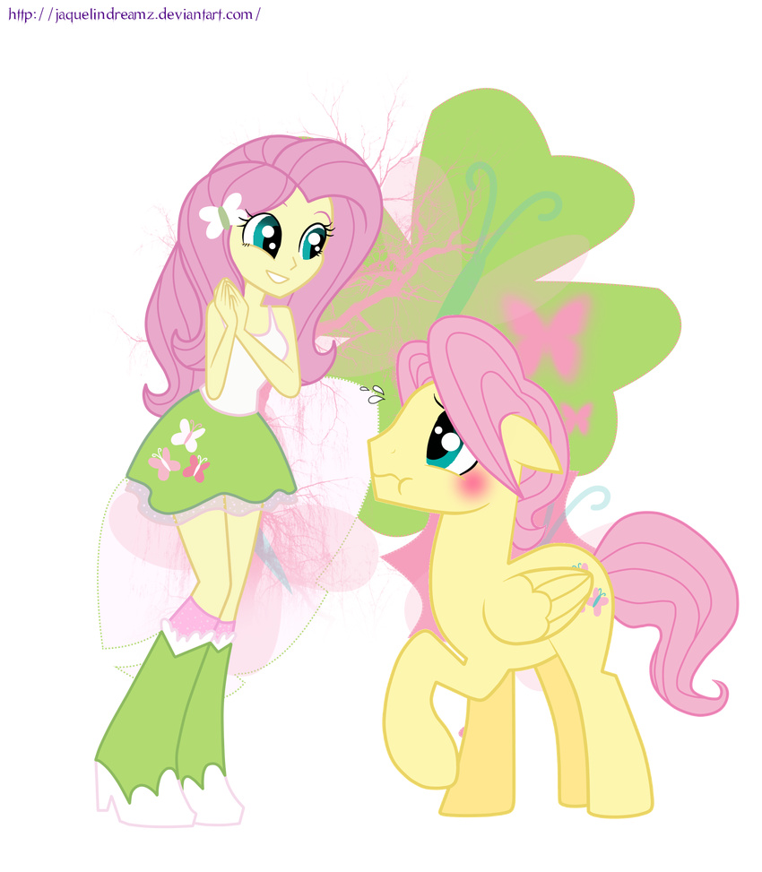 blue_eyes blush boots clothed clothing crossgender cutie_mark duo english_text equestria_girls equine female fluttershy_(eg) fluttershy_(mlp) friendship_is_magic hair horse human jaquelindreamz male mammal my_little_pony pegasus pink_hair pony skirt smile square_crossover standing text wings