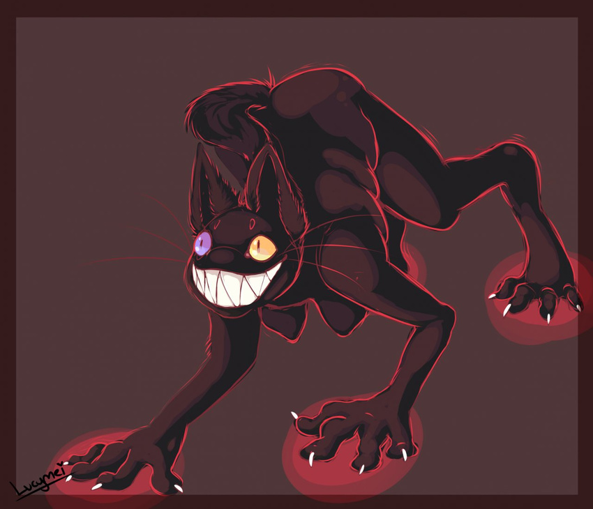 4_fingers 4_toes all_fours ass_up barefoot black_fur breasts brown_background cat catgraffiti claws evil_grin feline female fur heterochromia lucymei mammal nude plain_background pose purple_eyes simple_background slit_pupils smile solo whiskers white_claws yellow_eyes