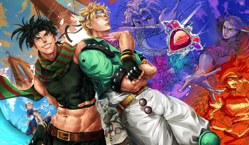 6+boys battle_tendency black_hair blonde_hair bola_(weapon) bteele caesar_anthonio_zeppeli erina_pendleton esidisi gem headband highres jojo_no_kimyou_na_bouken joseph_joestar_(young) kars_(jojo) lisa_lisa multiple_boys multiple_girls red_stone_of_aja rudolph_von_stroheim scarf smokey_brown striped striped_scarf suzi_q wamuu