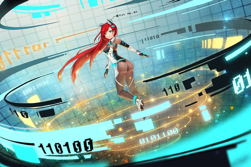 animal_ears ass bad_id bad_pixiv_id binary bodysuit boots breasts cat_ears cleavage deneb_(noble324) fake_animal_ears green_hair hairband long_hair looking_back medium_breasts original red_hair solo very_long_hair