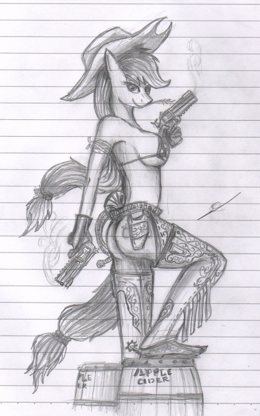anthro anthrofied applejack_(mlp) assless_chaps barrel breasts clothed clothing cowboy_hat cutie_mark equine female friendship_is_magic grey_scale greyscale gun hat horse looking_at_viewer mammal metalfoxxx monochrome my_little_pony pony ranged_weapon side_boob skimpy solo traditional_media weapon