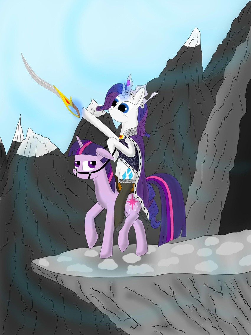 blue_eyes bridle cape clothing crown cutie_mark equine female feral friendship_is_magic fur hair horn horse legwear magic mammal mountain multi-colored_hair my_little_pony outside patapon13 pony purple_eyes purple_fur purple_hair rains rarity_(mlp) riding saddle smile solo stockings sword twilight_sparkle_(mlp) unicorn weapon white_fur