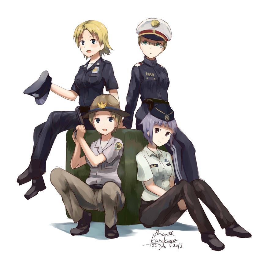 ar18_(upotte!!) artist_name blonde_hair blue_eyes campaign_hat dated fnc_(upotte!!) garrison_cap glasses green_eyes gun handgun hat hat_removed headwear_removed holding holding_hat kanokoga looking_at_viewer los_angeles_police_department m16a4_(upotte!!) multiple_girls pencil_skirt pistol police police_badge police_hat police_uniform policewoman purple_eyes purple_hair short_hair sitting skirt steyr_aug_(upotte!!) uniform upotte!! weapon