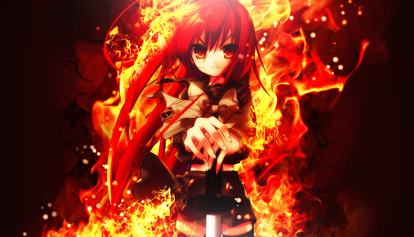 fire red_eyes red_hair tagme weapon
