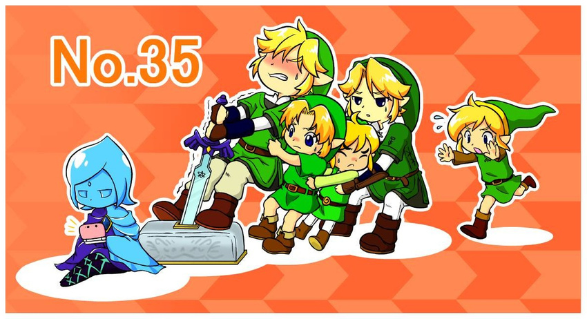 1girl 5boys belt blonde_hair blue_eyes blue_hair cape earrings fi gloves handheld_game_console hat jewelry link multiple_boys multiple_persona nintendo_3ds pantyhose planted_sword planted_weapon pointy_ears pulling sword the_legend_of_zelda the_legend_of_zelda:_a_link_to_the_past the_legend_of_zelda:_ocarina_of_time the_legend_of_zelda:_skyward_sword the_legend_of_zelda:_the_wind_waker the_legend_of_zelda:_twilight_princess toon_link weapon