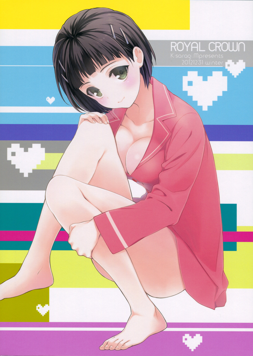 :&gt; bare_legs barefoot black_hair blush breasts cleavage collarbone cover cover_page feet green_eyes hair_ornament hairclip head_tilt highres kirigaya_suguha kisaragi_mizu knees_to_chest leg_hug light_smile medium_breasts naked_shirt pajamas scan shirt short_hair sitting smile solo sword_art_online