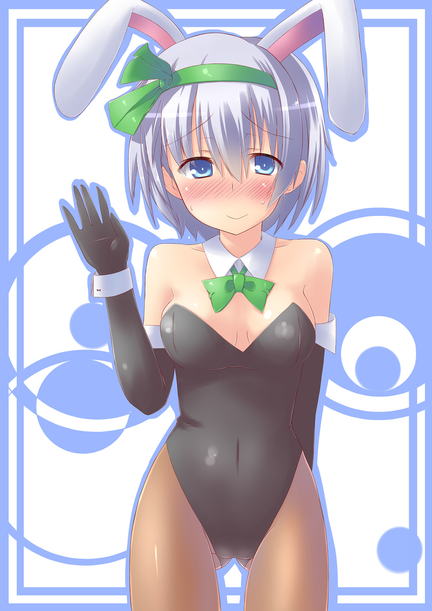 animal_ears black_gloves blue_eyes bow bowtie breasts brown_legwear bunny_ears bunnysuit cleavage cowboy_shot detached_collar elbow_gloves fake_animal_ears gloves green_hairband hair_ribbon hairband highres konpaku_youmu leotard medium_breasts pantyhose ribbon short_hair smile solo spirytus_tarou touhou wrist_cuffs