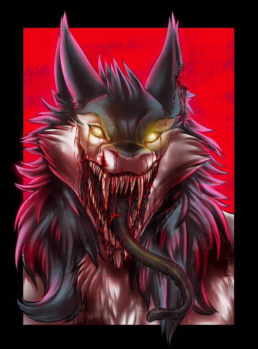 ambiguous_gender black_tongue blood chest_tuft darkomi detailed fangs fen_seiyu front fur glowing glowing_eyes grey_hair hair halloween hi_res holidays long_tongue looking_at_viewer nightmare_fuel notched_ear open_mouth plain_background portrait rawr red_background saliva sergal sharp_teeth smirk solo teeth tongue tongue_out tuft white white_fur wounded yellow_eyes