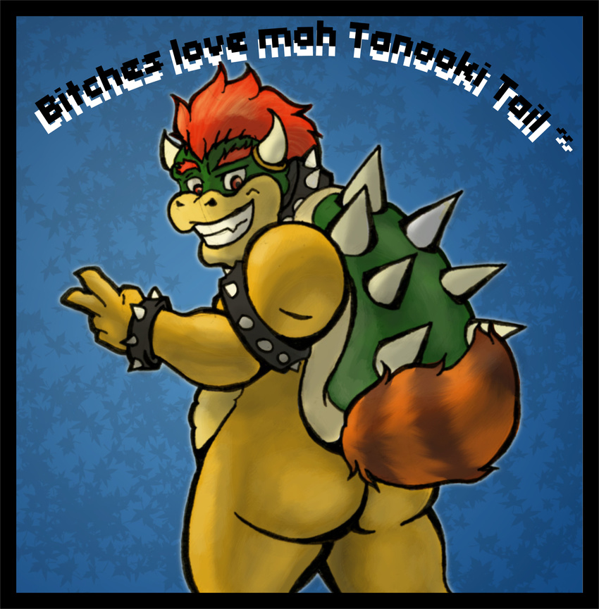 absurd_res anthro black_eyes blue_background bowser brown_fur butt chubby cirotin collar dragon english_text fur hair happy hi_res horn koopa lizard looking_down male mario_bros nintendo nude peace plain_background presenting presenting_hindquarters red_eyes red_hair reptile scalie sharp_teeth shell short_hair smile solo spikes standing tanooki tanuki teeth text turtle unknown_artist v_sign video_games white_eyes wristband yellow_skin