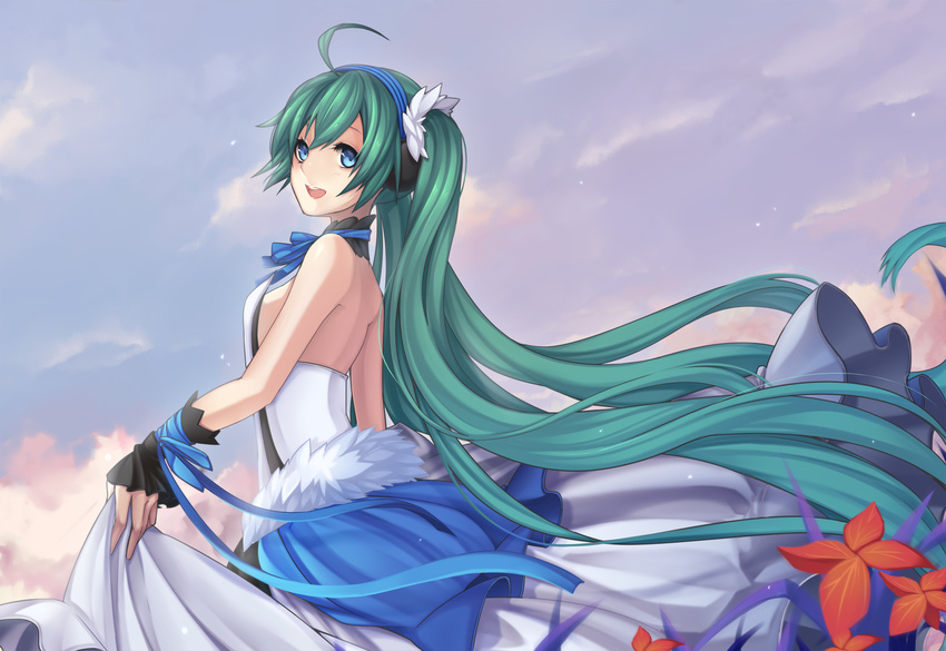 7th_dragon_(series) 7th_dragon_2020 blue_eyes dress flower green_hair hatsune_miku headphones highres kaka_cheung long_hair looking_back open_mouth skirt_hold solo twintails very_long_hair vocaloid
