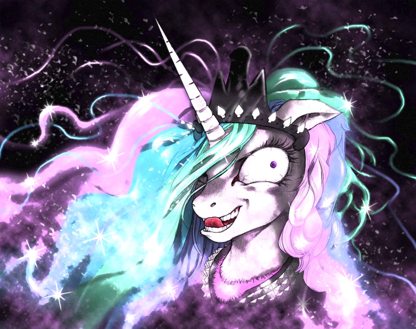 abstract_background crown equine female feral friendship_is_magic fur hair headshot_portrait hi_res horn horse insane long_hair mammal moderatelydeviant multi-colored_hair my_little_pony open_mouth pony portrait princess_celestia_(mlp) purple_eyes smile solo sparkles tongue tongue_out unicorn white_fur