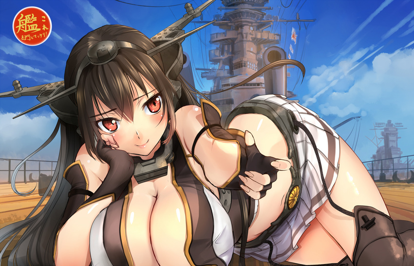 1girl akasaai black_hair breasts fingerless_gloves gloves highres kantai_collection large_breasts long_hair lying nagato_(battleship) nagato_(kantai_collection) navel nipples on_side open_mouth outstretched_hand personification red_eyes ship skirt solo