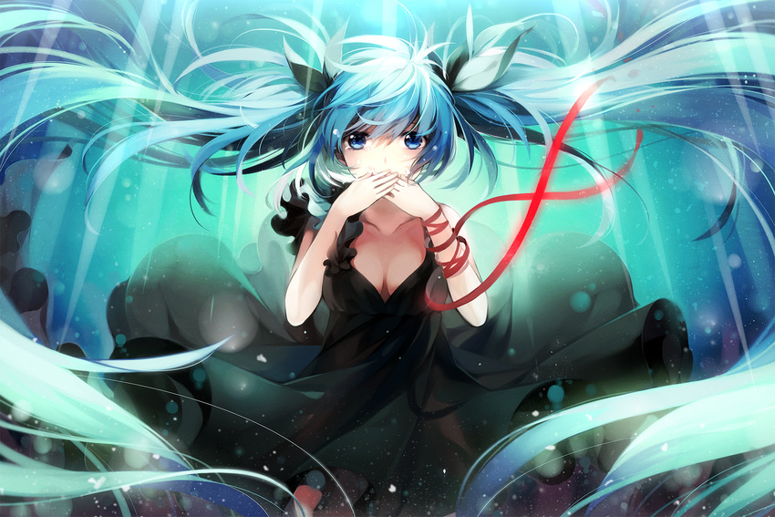 alternate_costume aqua_eyes aqua_hair black_dress bow breasts dress floating_hair hair_bow hakusai_(tiahszld) hatsune_miku highres long_hair medium_breasts ribbon shinkai_shoujo_(vocaloid) solo twintails underwater very_long_hair vocaloid wet wet_clothes