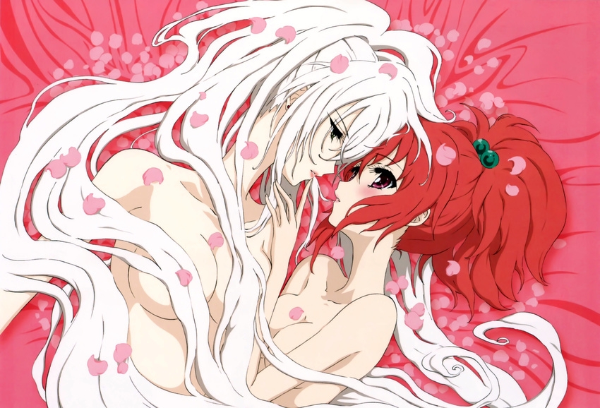 aoi_nagisa hanazono_shizuma nude petals red_hair sakai_kyuuta strawberry_panic white_hair yuri