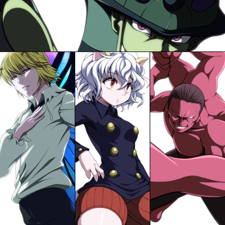 3boys absurdres animal_ears butterfly_wings cat_ears curly_hair highres hunter_x_hunter looking_at_viewer maazyu menthuthuyoupi meruem multiple_arms multiple_boys neferpitou orange_eyes purple_eyes shaiapouf smile wings