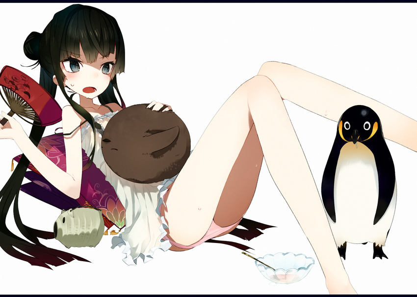 animal bare_legs bare_shoulders bird black_hair blue_eyes breasts double_bun dress fan highres hot karei letterboxed long_hair lying on_back open_mouth original panties panty_pull paper_fan penguin pink_panties small_breasts solo strap_slip sweat twintails uchiwa underwear white_dress