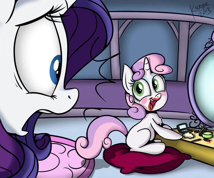 2013 blue_eyes cute equine eye_contact female friendship_is_magic green_eyes hair horn horse killryde lipstick mirror my_little_pony pillow pony purple_hair rarity_(mlp) sibling sisters smile sweetie_belle_(mlp) two_tone_hair unicorn