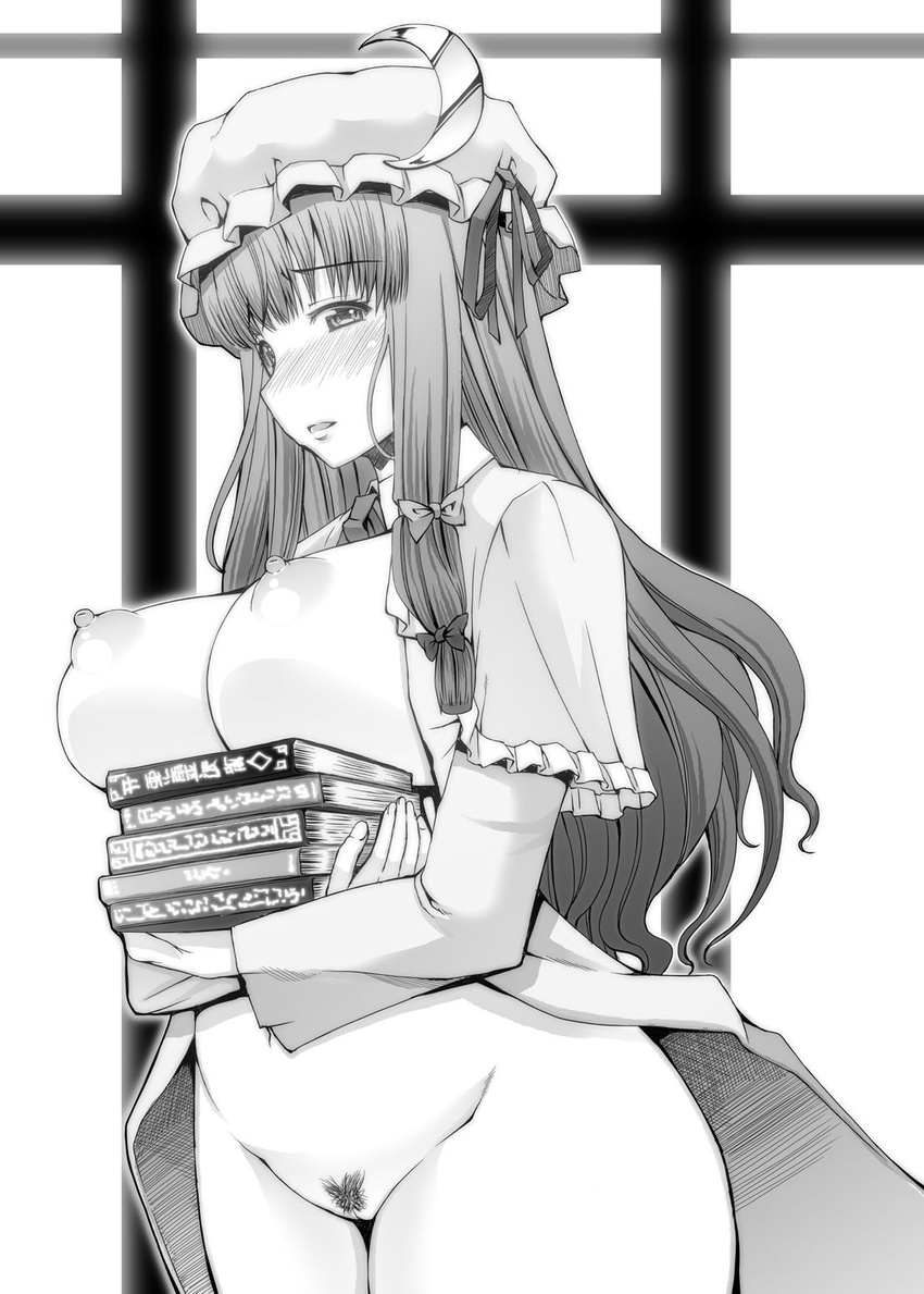 1girl blush book breast_hold breasts breasts_outside female hair_ornament hair_ribbon hat highres huge_breasts long_hair monochrome nipples no_bra no_panties no_underwear open_clothes open_skirt patchouli_knowledge pubic_hair puffy_nipples pussy red-rum ribbon ribbons skirt solo standing touhou uncensored