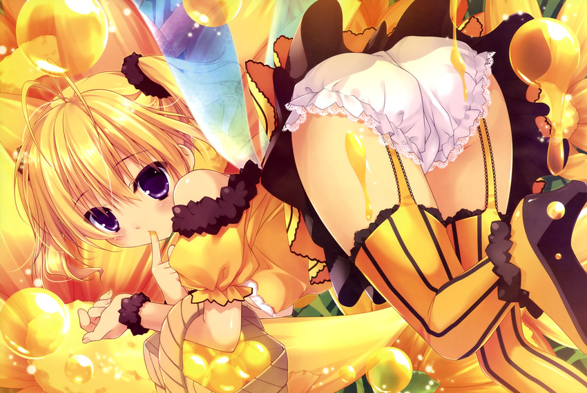 blonde_hair blush chikotam dengeki_moeoh honey original panties purple_eyes thighhighs underwear wings