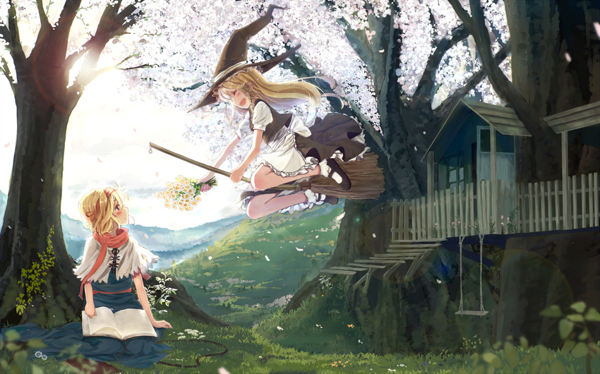 alice_margatroid apron bad_id bad_pixiv_id blonde_hair blue_dress blush book book_on_lap bou_shaku bouquet broom broom_riding capelet cherry_blossoms closed_eyes cloud daisy day dress flower flying grass hairband hat highres kirisame_marisa long_hair multiple_girls open_book open_mouth reading scarf shirt sitting skirt sky smile sunlight swing touhou tree treehouse very_long_hair vest waist_apron witch witch_hat