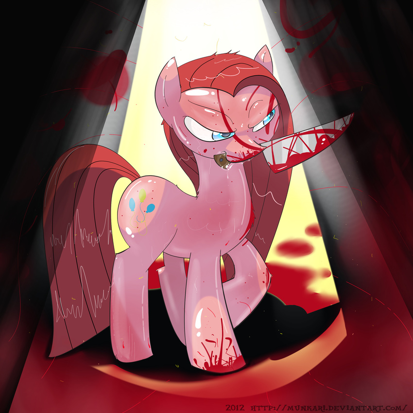 abstract_background blood blue_eyes cutie_mark equine female feral friendship_is_magic fur hair knife mammal mouth_hold munkari my_little_pony pink_fur pinkamena_(mlp) pinkie_pie_(mlp) red_hair saliva solo