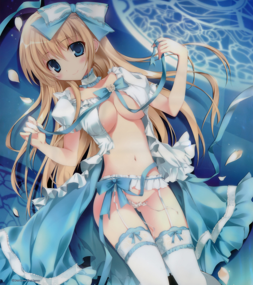 absurdres aqua_bow aqua_dress aqua_eyes blonde_hair blush bow breasts cleavage closed_mouth dress frilled_garter_belt frills garter_belt hair_bow highres karory large_breasts lingerie long_hair loose_panties lying micro_panties navel no_bra on_back open_clothes open_dress original panties petals scan side-tie_panties smile solo source_request thigh_gap thighhighs underwear untied white_dress white_garter_belt white_legwear white_panties