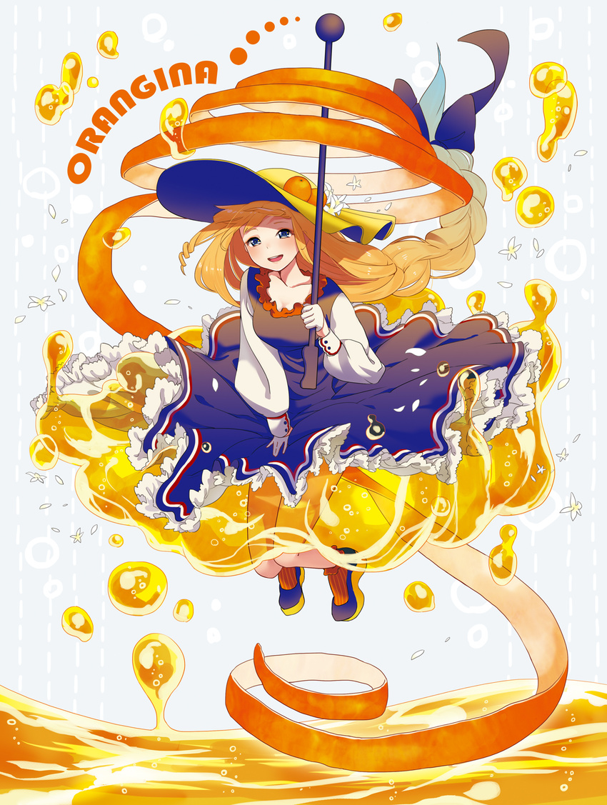 blue_eyes blush bow braid character_name dress flower food fruit hair_bow hat hat_flower highres jumping long_hair looking_at_viewer open_mouth orange orange_blossoms orange_hair orange_juice orange_peel orangina personification sheep_sleep single_braid smile solo umbrella