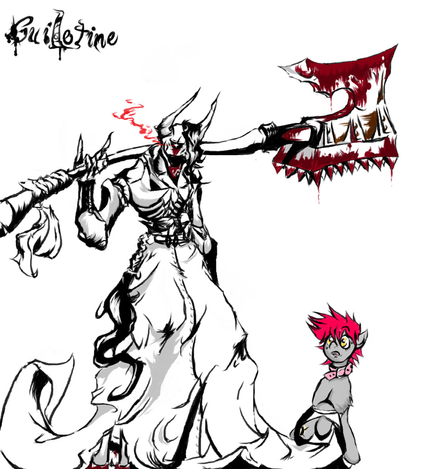 ax axe black_metal blood collar cyborg duo equine evil female forgemaster18 friendship_is_magic fur goth grey_fur grinder(oc) grinder_(forgemaster18) guillotine(artist) hair horse kryptfoal male mammal my_little_pony non_furry_oc original_character plain_background pony red_hair weapon white_background yellow_eyes