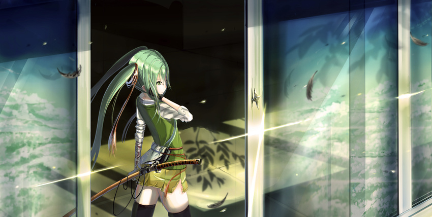 bandage feathers green_hair hatsune_miku katana kikivi sword twintails vocaloid weapon zettai_ryouiki