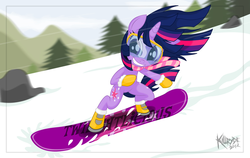 boots clothing cutie_mark equine eyewear female friendship_is_magic fur goggles grin hair horn horse killryde long_hair mammal mountain multi-colored_hair my_little_pony open_mouth outside pony purple_eyes purple_fur purple_hair rock rocks scarf sky smile snow snowboard snowboarding solo standing teeth tree twilight_sparkle_(mlp) unicorn winter