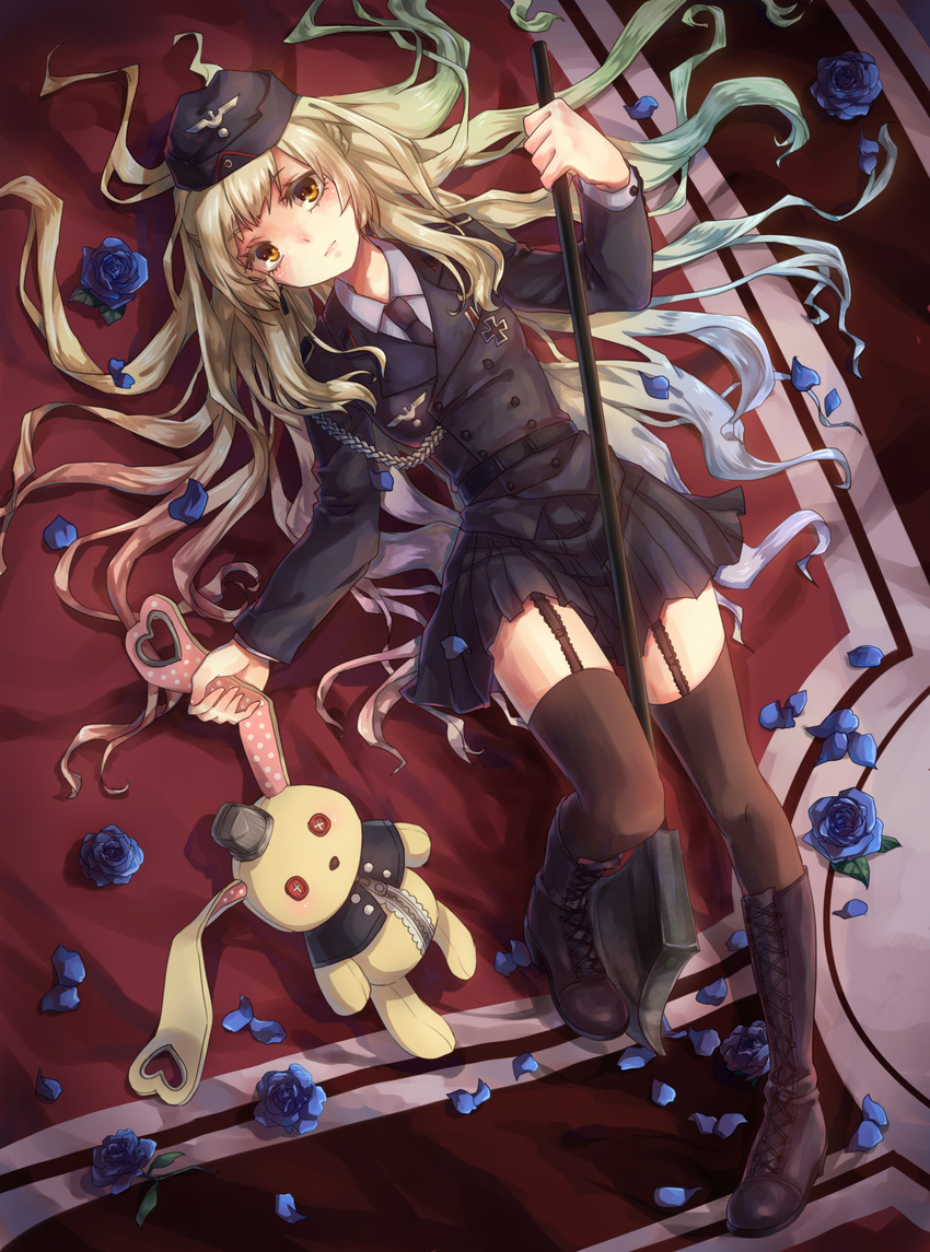 axe bad_id bad_pixiv_id blonde_hair blue_flower blue_rose boots flower garrison_cap garter_straps gradient_hair hat highres iron_cross knee_boots long_hair lying mayu_(vocaloid) multicolored_hair necktie petals polka_dot rose skirt solo stuffed_animal stuffed_bunny stuffed_toy thighhighs uniform usano_mimi vocaloid weapon yellow_eyes yezhi_na