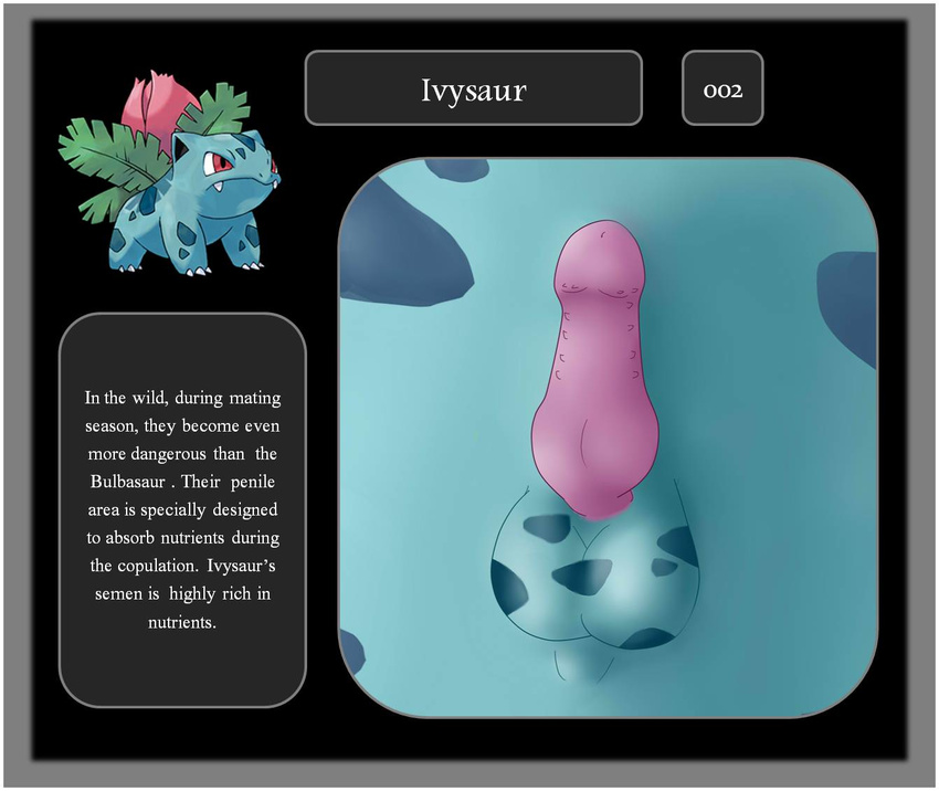 balls dickpokedex english_text feral ivysaur male nintendo penis pok&#233;dex pok&#233;mon pok&eacute;mon pokedex red_eyes science solo text video_games zekromlover