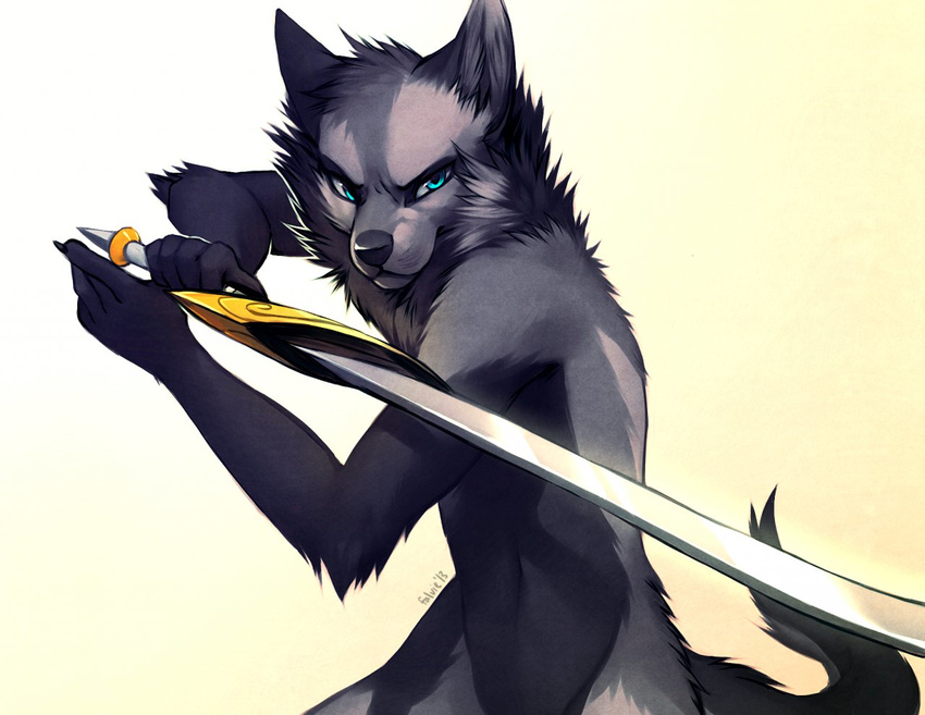 anthro blue_eyes canine falvie looking_at_viewer male solo sword weapon wolf