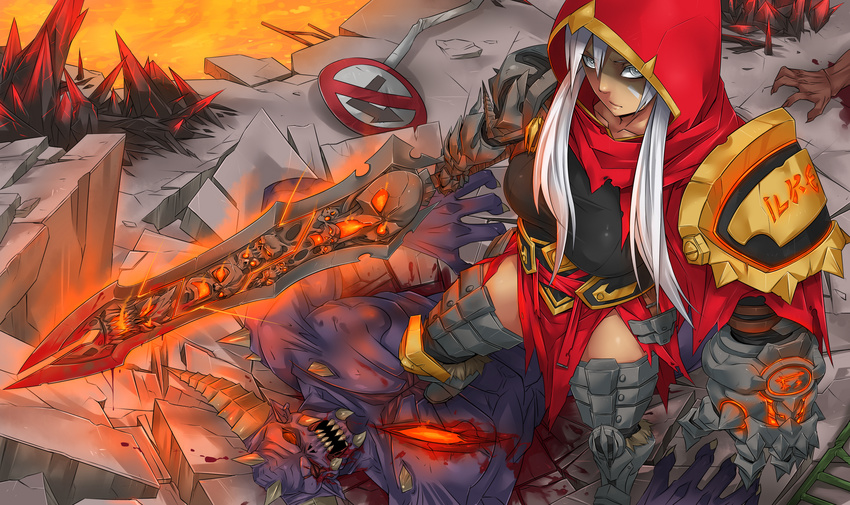 blood breasts cosplay darksiders exaxuxer gauntlets highres hood league_of_legends long_hair medium_breasts molten_rock riven_(league_of_legends) sign silver_eyes silver_hair skull solo_focus sword war_(darksiders) war_(darksiders)_(cosplay) weapon