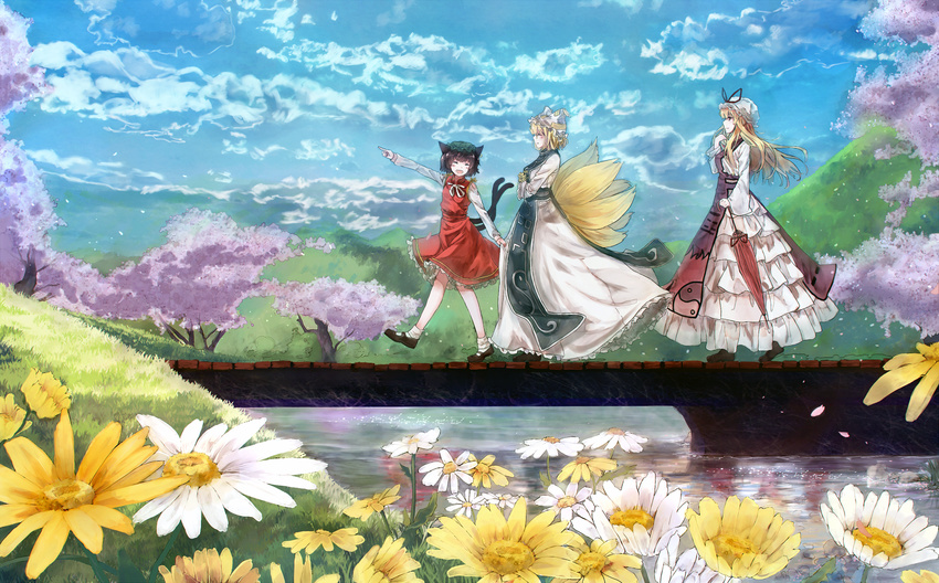 animal_ears blonde_hair blue_sky bou_shaku bridge brown_hair cat_ears cat_tail chen cherry_blossoms closed_eyes closed_umbrella cloud daisy day dress dress_tug flower fox_tail hat hat_ribbon highres kyuubi long_sleeves multiple_girls multiple_tails nekomata open_mouth petals pillow_hat pointing pointing_forward red_dress ribbon river sky tabard tail touhou tree umbrella white_dress wide_sleeves yakumo_ran yakumo_yukari