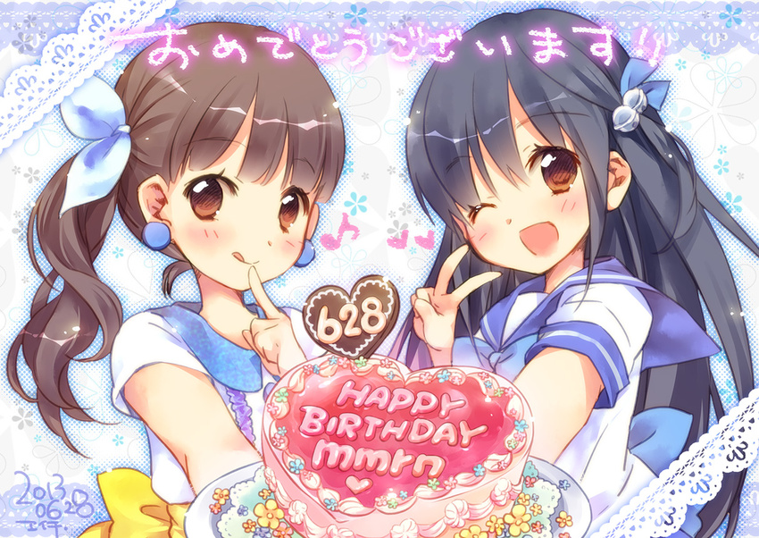 ;p bell black_hair blush brown_eyes brown_hair cake earrings ech finger_to_mouth food hair_bell hair_ornament hair_ribbon happy_birthday heart jewelry licking_lips long_hair looking_at_viewer multiple_girls musical_note one_eye_closed original plate ribbon school_uniform serafuku short_sleeves side_ponytail smile tongue tongue_out v very_long_hair