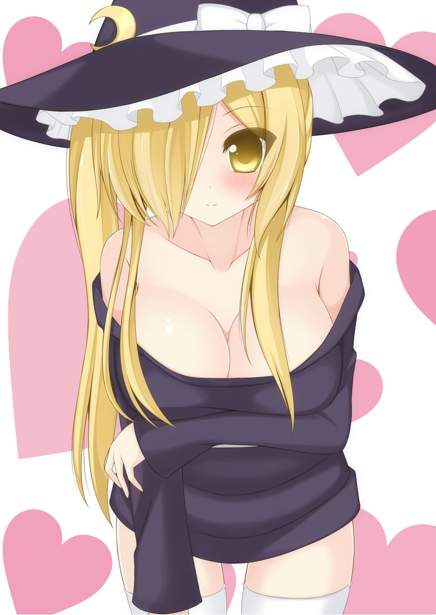 alternate_costume bare_shoulders blonde_hair blush bow breasts chimunge cleavage collarbone crescent hair_over_one_eye hat hat_bow heart heart_background highres kirisame_marisa kirisame_marisa_(pc-98) large_breasts long_hair long_sleeves looking_at_viewer naked_sweater off-shoulder_sweater smile solo sweater thighhighs touhou touhou_(pc-98) white_bow white_legwear witch_hat yellow_eyes zettai_ryouiki