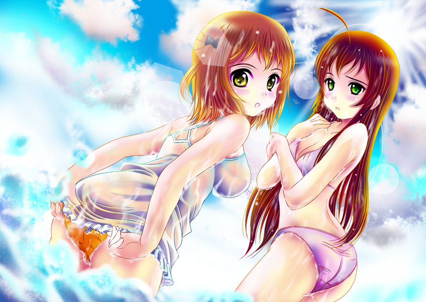 absurdres ahoge aka_kitsune bad_id bad_pixiv_id bikini breasts brown_hair cloud day dress green_eyes hataraku_maou-sama! highres long_hair medium_breasts multiple_girls ocean red_hair sasaki_chiho short_hair sky swimsuit wet wet_clothes yellow_eyes yusa_emi