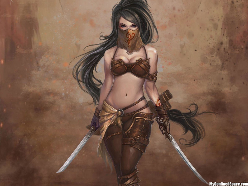 artist_request black_hair breasts dagger dual_wielding highres holding long_hair mask medium_breasts navel ninja ponytail solo third-party_edit third-party_watermark watermark weapon web_address