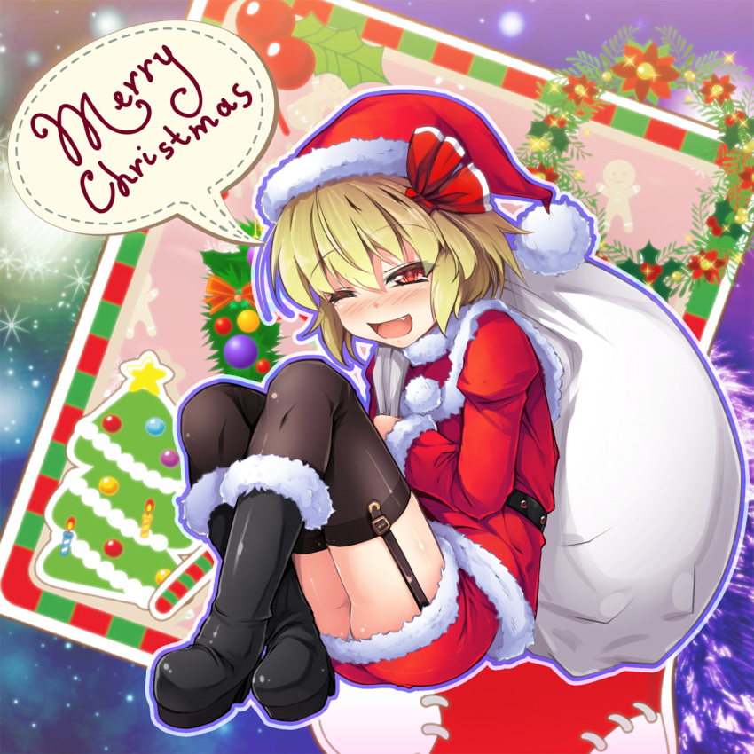 ;d alternate_costume ass bangs belt black_belt black_footwear black_legwear blonde_hair blush boots candle chima_q christmas christmas_tree commentary_request eyebrows_visible_through_hair fang full_body fur-trimmed_boots fur_trim garter_straps gift_bag hair_between_eyes hair_ribbon hat highres holding holding_sack holly jacket knees_up legs_crossed long_sleeves merry_christmas miniskirt nose_blush one_eye_closed open_mouth outline panties panty_peek pom_pom_(clothes) purple_outline red_eyes red_hat red_jacket red_ribbon red_skirt ribbon rumia sack santa_costume santa_hat shiny shiny_clothes short_hair skirt smile solo speech_bubble star studded_belt thighhighs thighs touhou underwear white_outline wreath