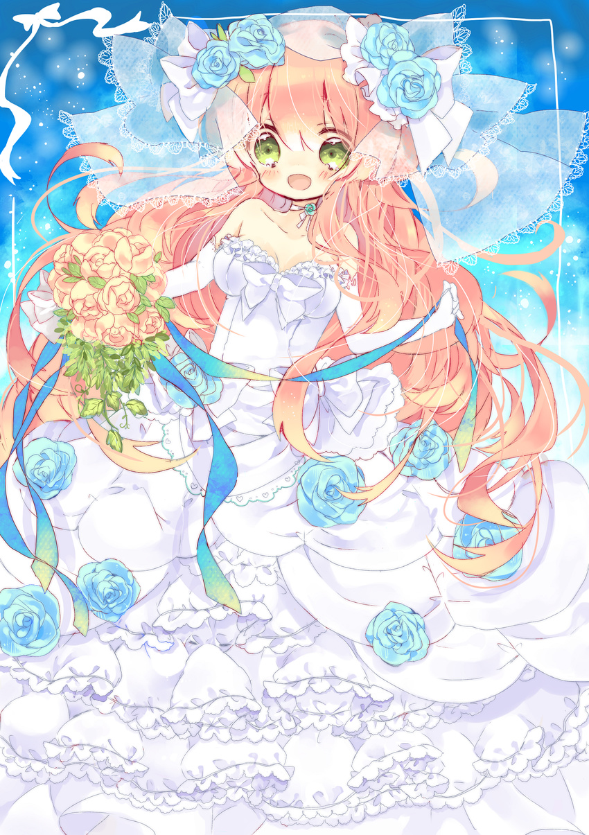 :d bad_id bad_pixiv_id blue_background blue_flower blue_rose bouquet bow dress flower gloves green_eyes highres jinrui_wa_suitai_shimashita large_bow long_hair looking_at_viewer messy_hair nekoto_rina open_mouth pink_hair plant rose smile strapless strapless_dress streamers veil watashi_(jintai) wedding_dress white_dress white_gloves