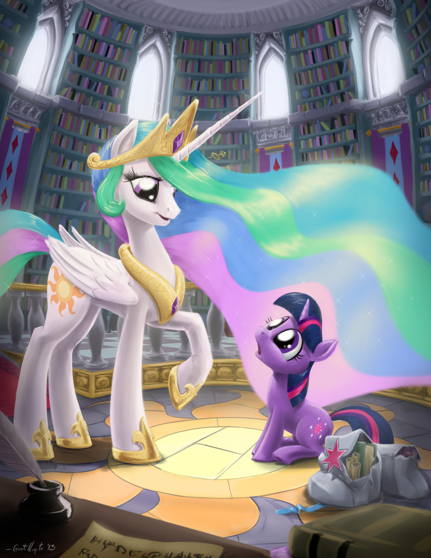 bag book crown cutie_mark duo equine female feral friendship_is_magic fur giantmosquito horn horse inkwell inside library looking_up mammal my_little_pony open_mouth pony princess_celestia_(mlp) purple_eyes purple_fur quill sitting twilight_sparkle_(mlp) unicorn white_fur winged_unicorn wings