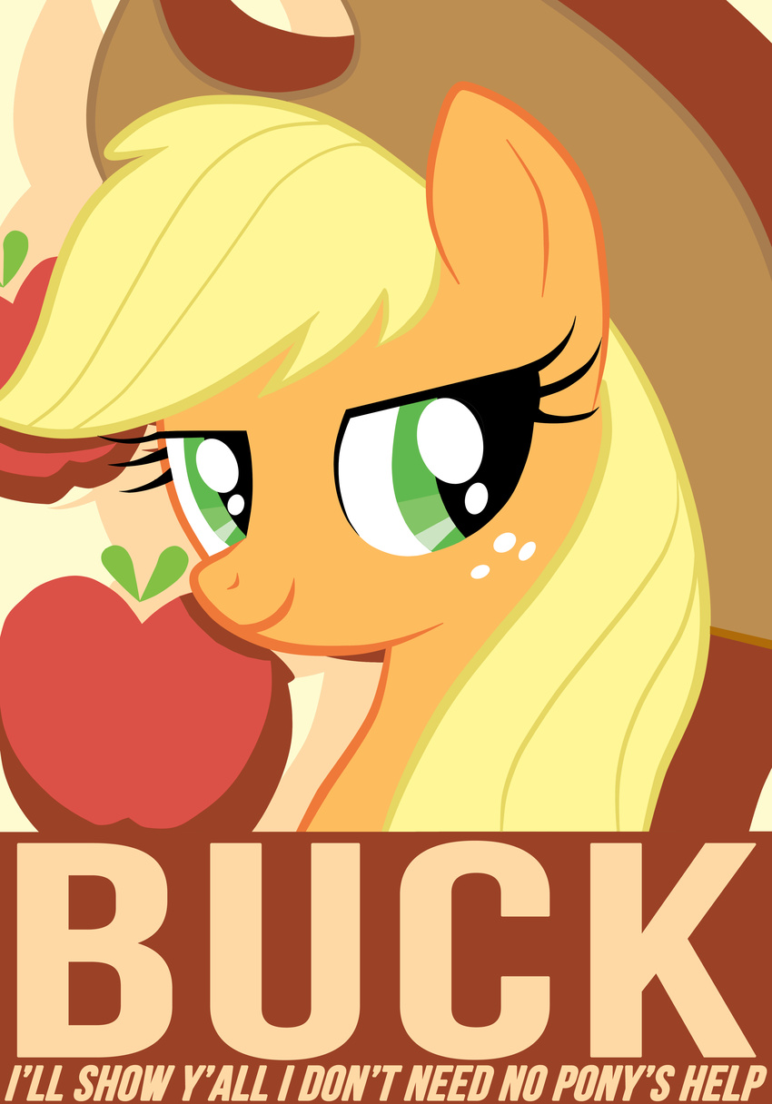 apple applejack_(mlp) blonde_hair cowboy_hat cutie_mark english_text equine felixao female feral friendship_is_magic fruit green_eyes hair hat hi_res horse mammal multi-colored_hair my_little_pony pony portrait poster solo text