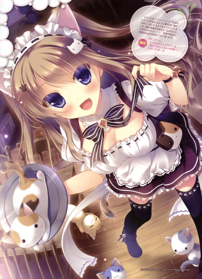 :&lt; :3 :d absurdres animal_ears bell black_legwear breasts brown_hair cat cat_ears cat_hair_ornament cat_tail chair cleavage detached_collar fang hair_ornament hairclip highres jingle_bell legs long_hair maid_headdress medium_breasts nekomori_mike nyan_cafe_macchiato open_mouth paw_print puffy_short_sleeves puffy_sleeves purple_eyes ribbon shoes short_sleeves smile table tail thighhighs two_side_up waitress wooden_floor wrist_ribbon yukie_(peach_candy) |3