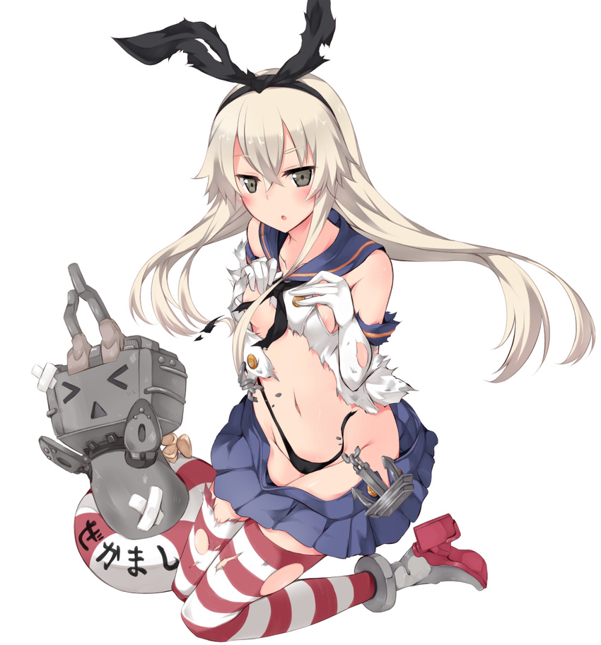 anchor anchor_hair_ornament black_panties blonde_hair blush brown_eyes elbow_gloves gloves hair_ornament hairband kantai_collection kneeling lifebuoy long_hair navel panties plus9 rensouhou-chan shimakaze_(kantai_collection) skirt solo striped striped_legwear thighhighs torn_clothes torn_legwear underwear white_gloves